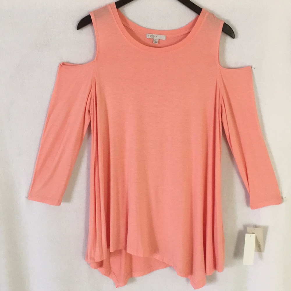 FEVER Cold Shoulder Asymmetrical Peach Amber Top L